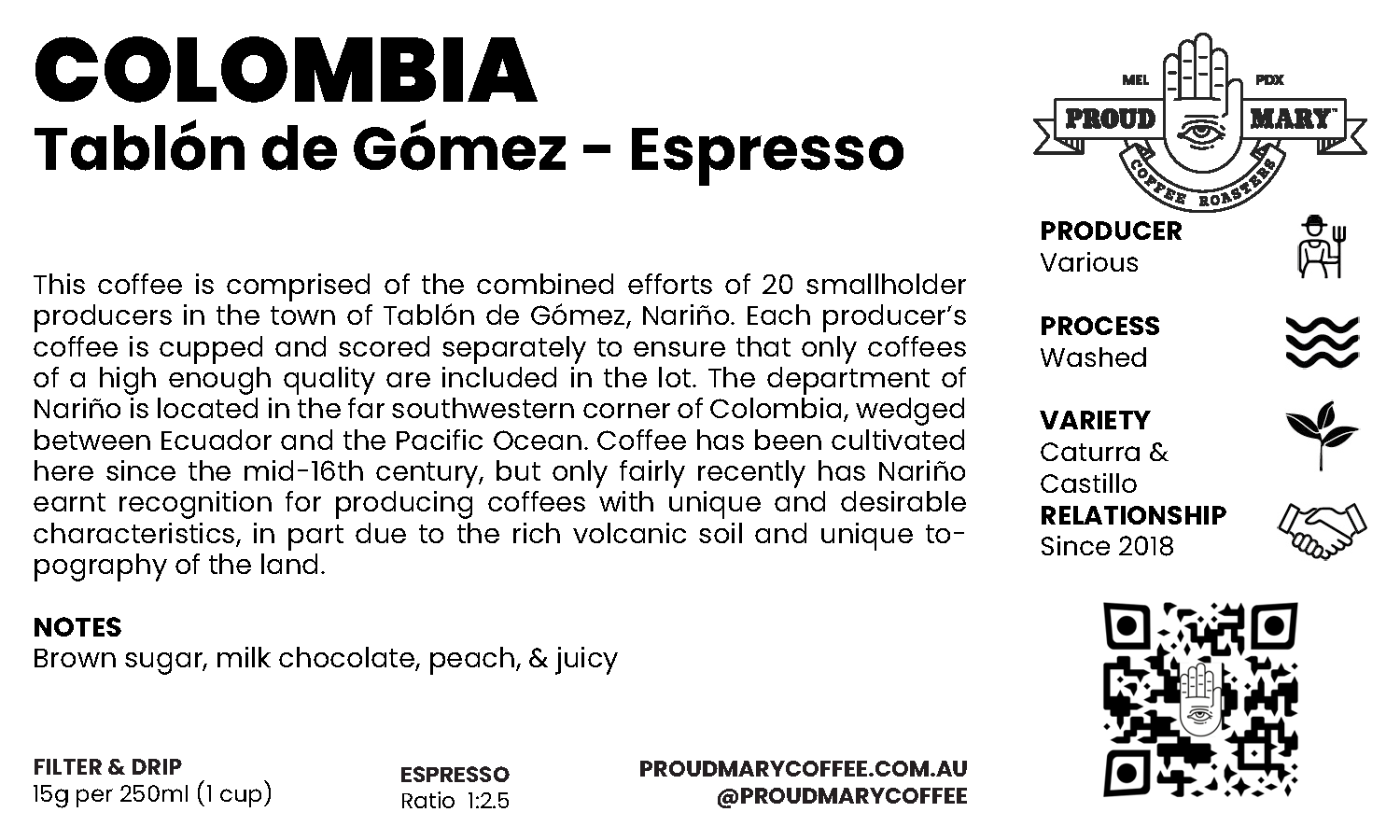 Colombia | Tablón de Gómez | Caturra & Castillo | Washed | Espresso | 250g - Image 2