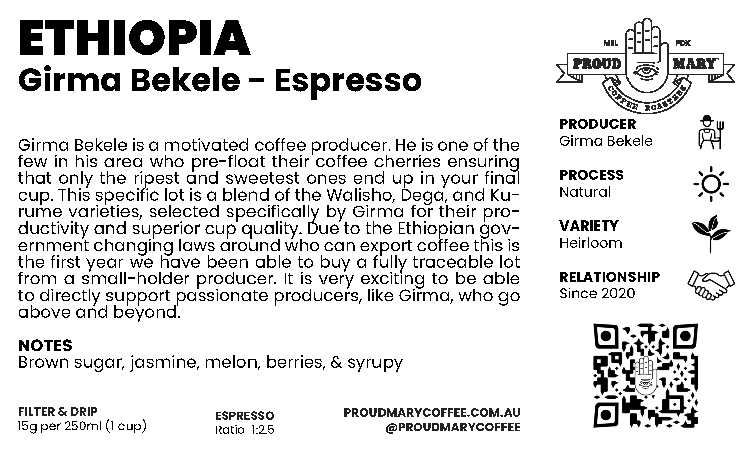 Ethiopia | Girma Bekele  | Heirloom | Natural | Espresso | 250g - Image 2