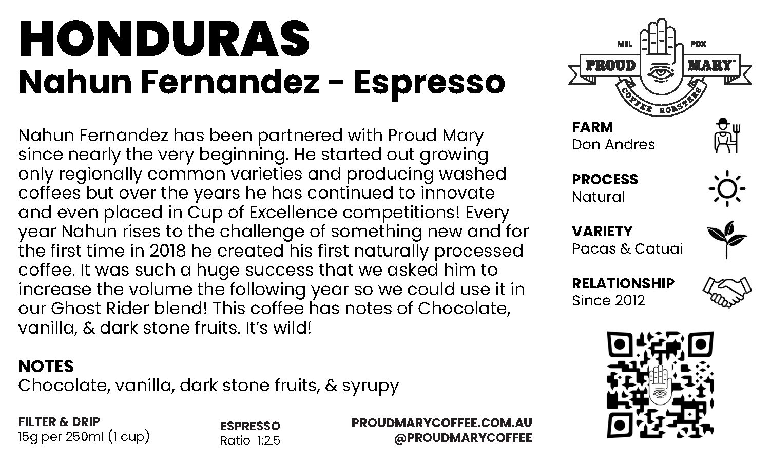 Honduras | Nahun Fernandez | Pacas & Catuai | Natural | Espresso | 250g - Image 2